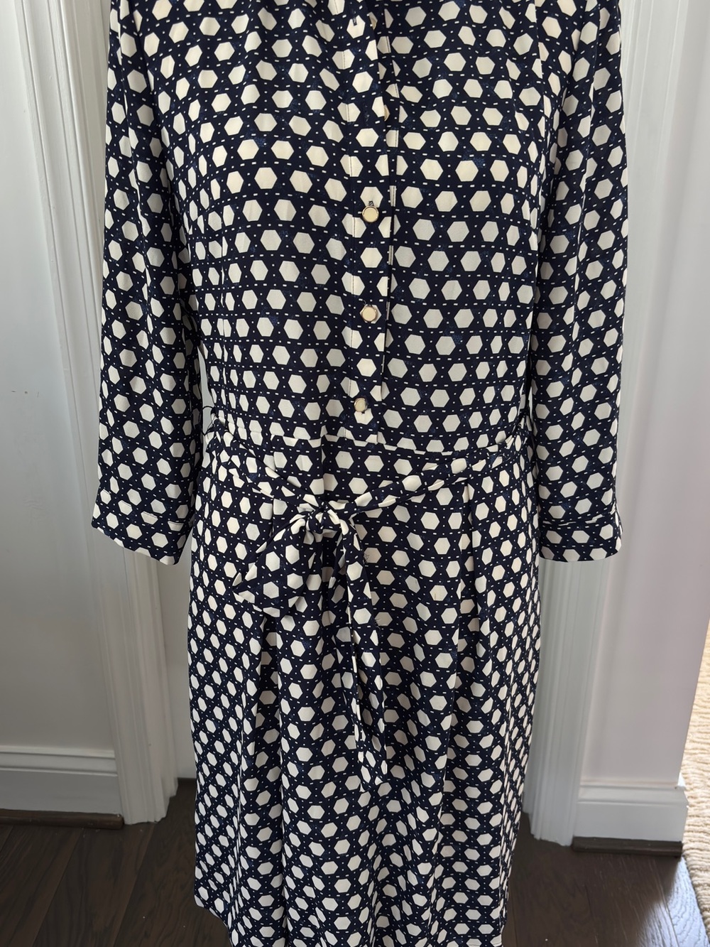 Anne Klein Navy and Cream Geometric Tie-Waist Midi Dress